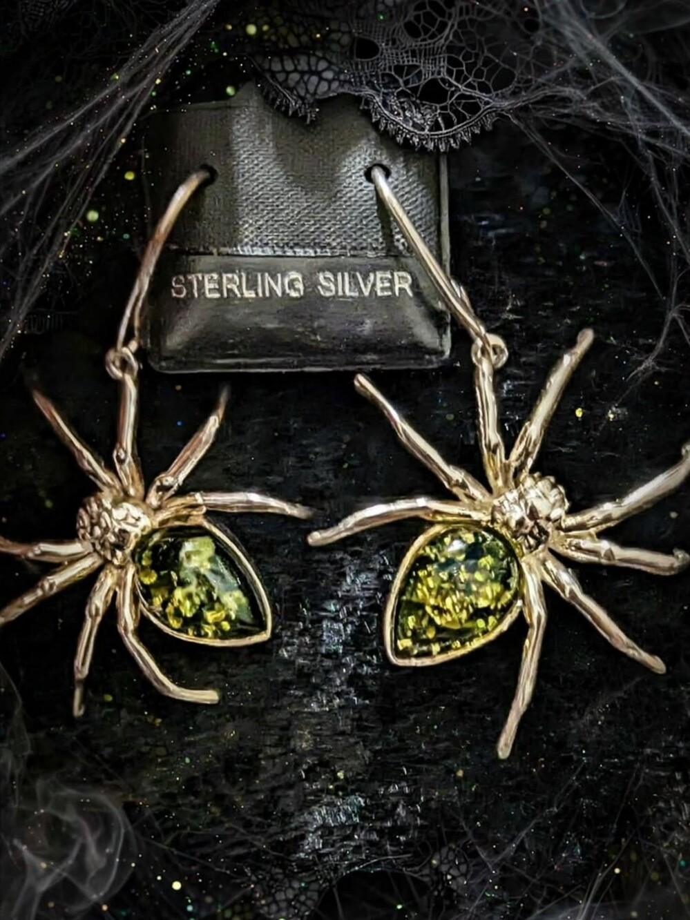 Genuine Green Amber Lever Back Spider Earrings